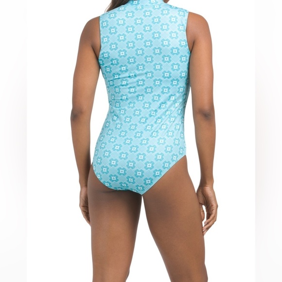 Cabana Life UPF 50 Zip Up Neck One Piece Swimsuit Blue White Floral Women Size M - Picture 4 of 7